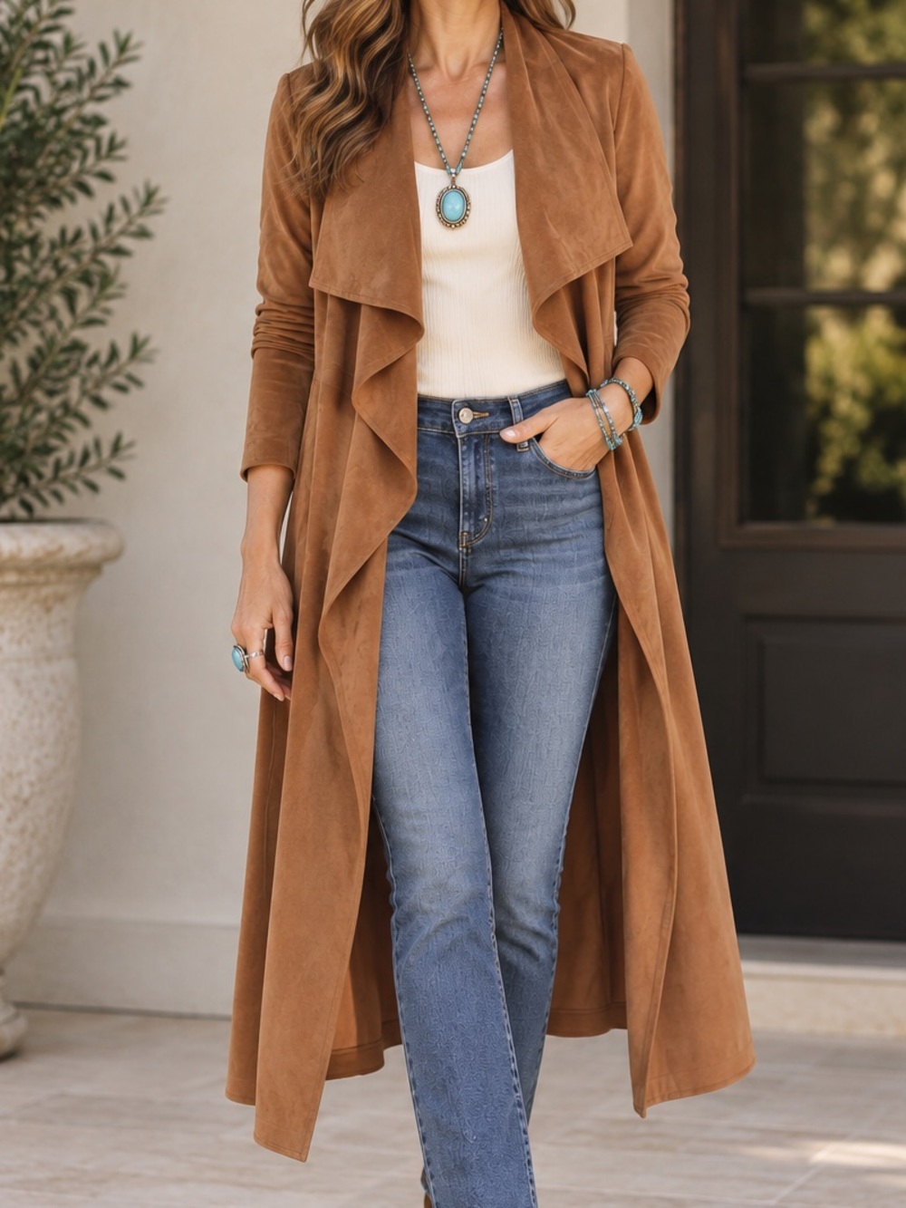 Essue Tan Drape Front Duster Trench Coat